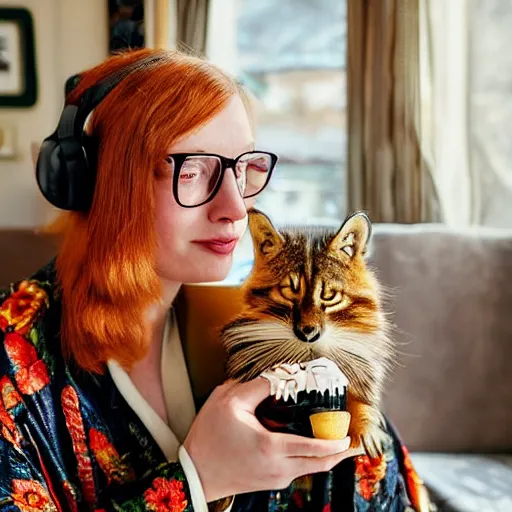 Image similar to a stunning hyper-detailed closeup portrait photo of a beautiful retro-bespectacled woman with long ginger hair and bangs, wearing a luxurious silk robe, wearing headphones and posing with her large ginger tabby cat and her raccoon and parrots in an overstuffed easy chair in her sunlit victorian living room, holding a porcelain parrot-shaped coffee mug and a donut, perfect eyes, fashion photography, octane render, unreal engine, 85 mm lens,