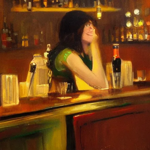 Image similar to a painting of a female drunk in a bar. by randolph hewton and edward robert hughes. trending on artstation, highly detailed, volumetric lightning, cinematic lightning