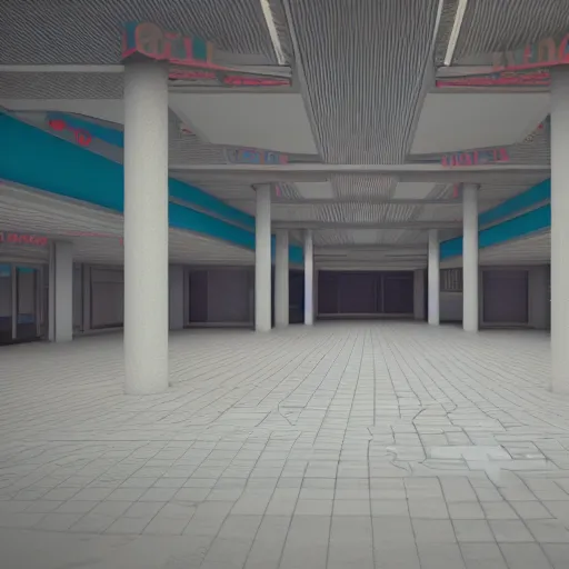 Image similar to interior of an abandoned 1980's mall, vaporwave, 3d render