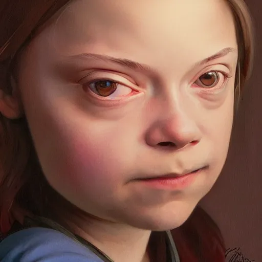 Prompt: portrait of greta thunberg, looking at camera, intricate, extremely detailed, digital painting, artstation, concept art, smooth, ambient lighting, art by artgerm and greg rutkowski and alphonse mucha and simon stalenhag