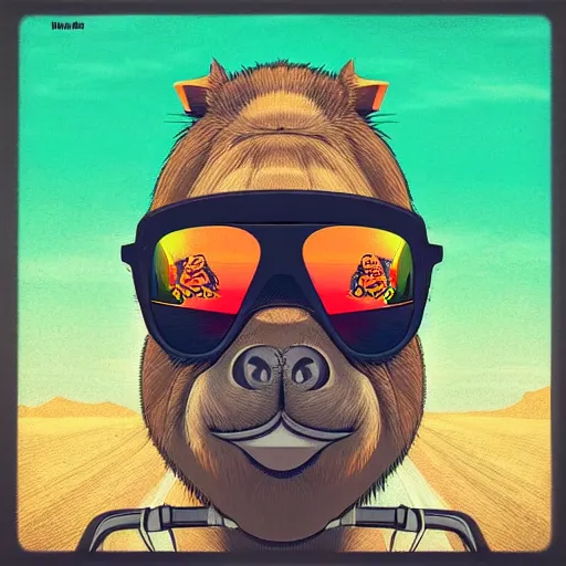 Prompt: “ graffiti of a capybara wearing sunglasses driving a motorcycle, illustration, detailed, realistic ”