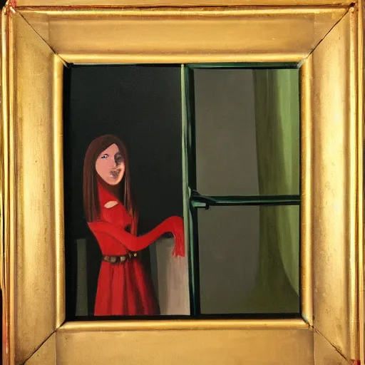 Image similar to vampire looking out her window from her apartment, oil painting