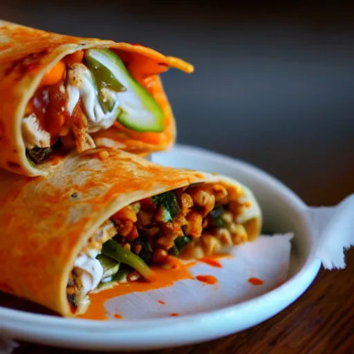 Prompt: a still of the Spiciest chicken burrito with ghost peppers and fire sauce, hd