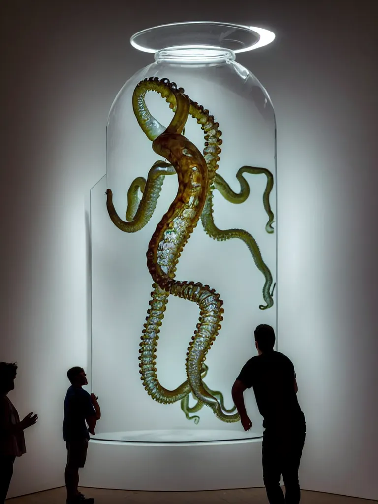 Prompt: a perfect photograph of a museum exhibit, a glass human shaped belljar enclosing a man who is a rectilinear representation of the impending cephalopod ascension and liberation of the human spirit from the physical terrestrial realm. perfect focus and studio lighting, gallery quality