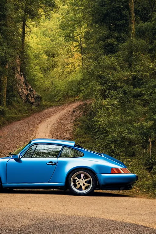 Prompt: Photo of a Porsche 911 Carrera 3.2 on a winding road through mountains and forests, volumetric lighting, highly detailed, technicolor.