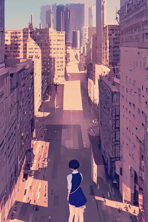 Image similar to a cute giantess wearing school uniform standing in the city which seem small, bird's eye view, strong brush stroke, sharp focus, illustration, morandi color scheme, art station, by ilya kuvshinov