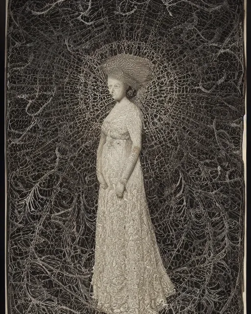 Image similar to a woman standing by the sea, made of intricate decorative lace leaf skeleton, in the style of the dutch masters and gregory crewdson, dark and moody