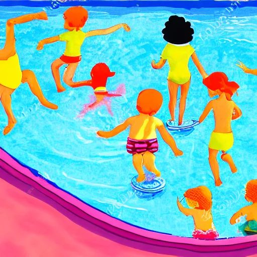 Image similar to a colorful and playful illustration of children playing in a swimming pool