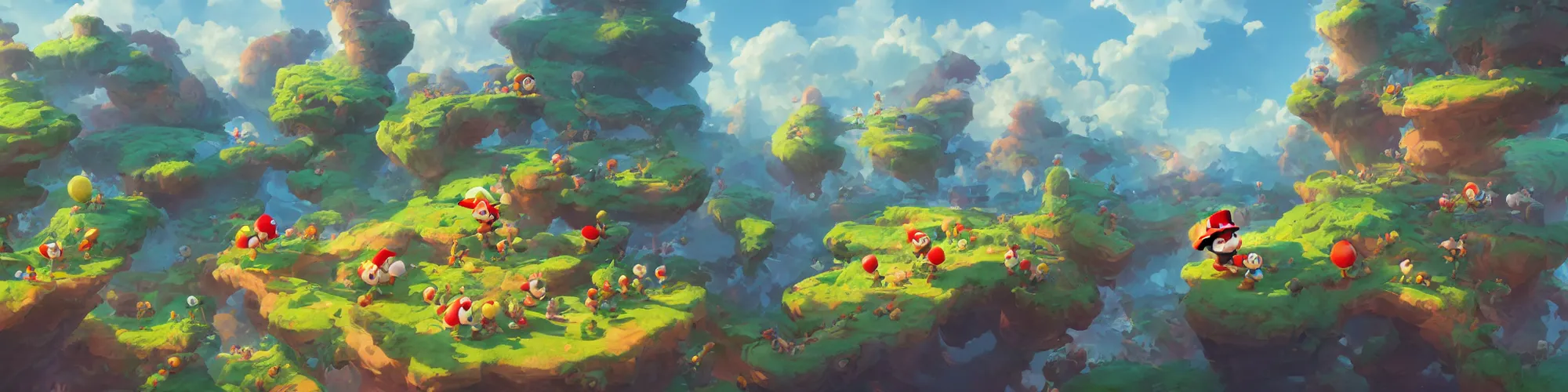 Image similar to 3 6 0 panoramic dynamics matte painting acrylic blur oil wonderland marioworld yoshi kurbi dofus, hight contrast, overlay layer photoshop, behance hd by jesper ejsing, by rhads, makoto shinkai and lois van baarle, ilya kuvshinov, rossdraws global illumination