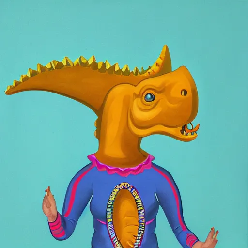 Prompt: portrait of a triceratops dancing with a hula hoop