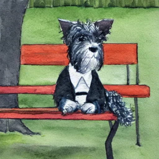 Prompt: a carin terrier wearing a suit, sitting on a park bench in central park, watercolor