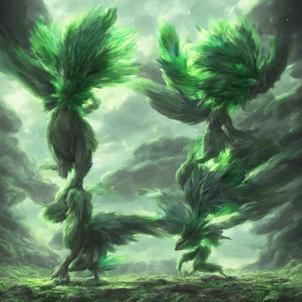 Image similar to a cute beautiful earth type pokemon, green feathers bursting out of his hair, full body shot, highly detailed digital art, 3 d perspective, award - winning illustration, aesthetic, smooth, pokemon style, made by greg rutkowski, with an alien landscape in the background