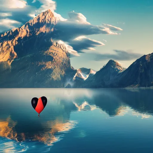 Image similar to photo of two black swans swimming in a beautiful reflective mountain lake, touching heads, forming a heart with their necks, a colorful hot air balloon is flying above the swans, hot air balloon, intricate, portrait, 8k highly professionally detailed, HDR, CGsociety, octane render, 4k