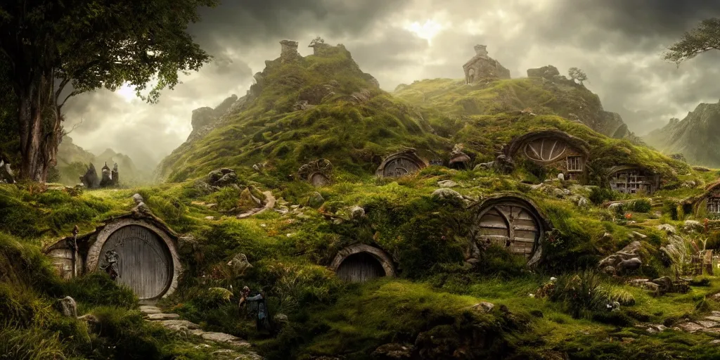 Image similar to beautiful matte painting of the hobbit shire by weta workshop 4 k, cinematic dramatic atmosphere, dramatic lighting