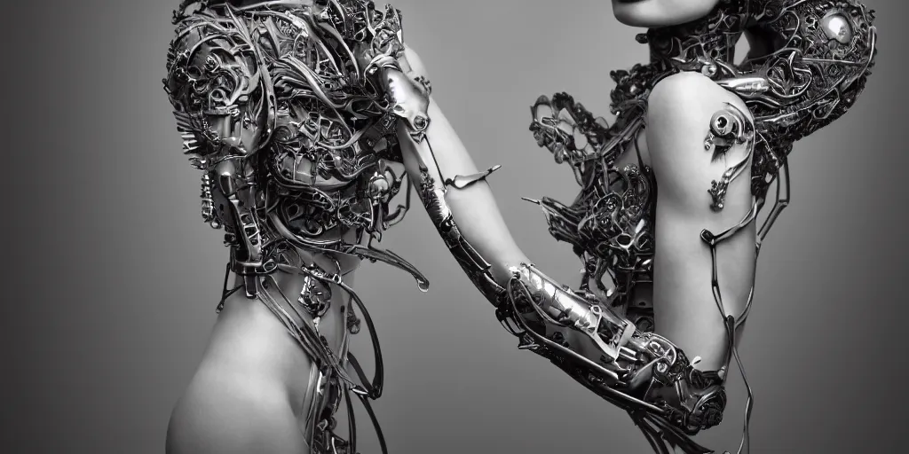 Image similar to hyper realistic photography of a stunningly beautiful cyborg female, plated arm, intimate, chest, holding close, ribbons, in the style of beth cavener, jin kagetsu,, and wlop, highly detailed, intricate filigree, symmetry, masterpiece, award winning, sharp focus, concept art, highkey lighting, ambient lighting, octane render, 8 k, artstation