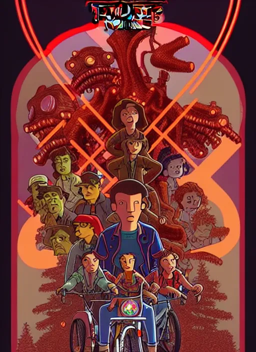 Image similar to animated version of Futurama Stranger Things scene with Demogorgon, cartoon, detailed faces, high resolution, hyper detailed, intricate, illustrated, dramatic lighting, illustration, concept art, smooth, sharp focus, art by Alphonse Mucha and Matt Groening !n-9