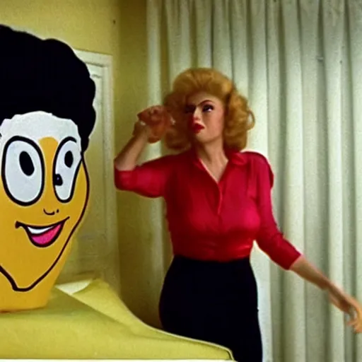 Image similar to bored housewife meets a man with an inflatable cartoon face in a seedy motel room, 1982 color Fellini film, archival footage, technicolor film, 16mm, live action, John Waters, wacky children's tv comedy