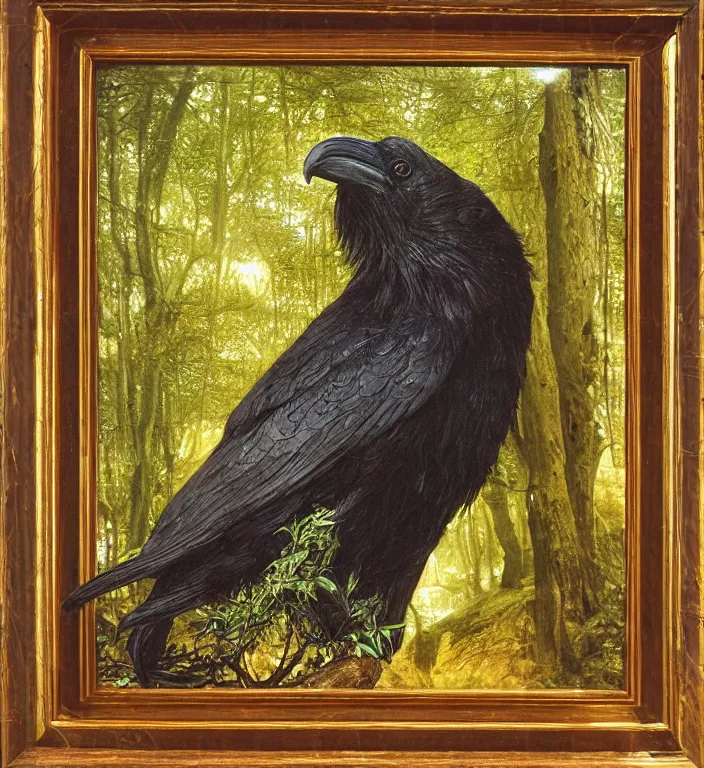 Prompt: a breathtakingly stunningly pre raphaelite beautifully highly detailed extreme close up animal portrait of a majestic raven, in an forest smokey water reflections, framed, by rosetti and devinci and michael cheval and sidney cooper and turner, 4 k