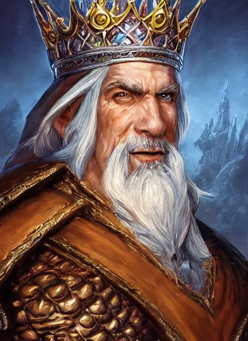 Prompt: old king wearing crown, ultra detailed fantasy, dndbeyond, bright, colourful, realistic, dnd character portrait, full body, pathfinder, pinterest, art by ralph horsley, dnd, rpg, lotr game design fanart by concept art, behance hd, artstation, deviantart, hdr render in unreal engine 5