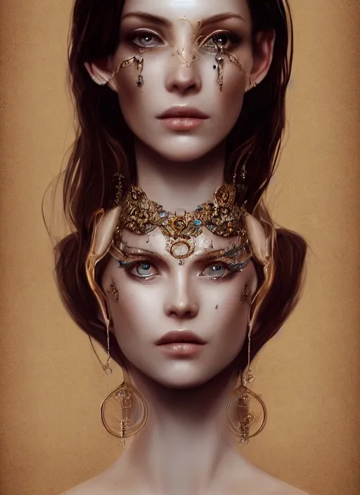 Image similar to realistic character concept, porcelain skin woman with lots of jewelry in the face, elegant pose, scifi, illustration, slender symmetrical face and body, artstation, cinematic lighting, hyperdetailed, cgsociety, 8 k, high resolution, charlie bowater, natalie shau, single face, insanely detailed and intricate, beautiful, elegant, golden ratio, artdeco