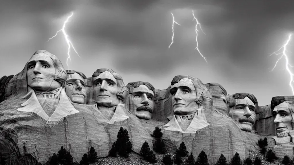 Prompt: mount rushmore but all the faces are guy fiery, lightning, storms, volumetric lightning by eugene von guerard, ivan shishkin, dramatic lighting, concept art, trending on artstation, 8 k