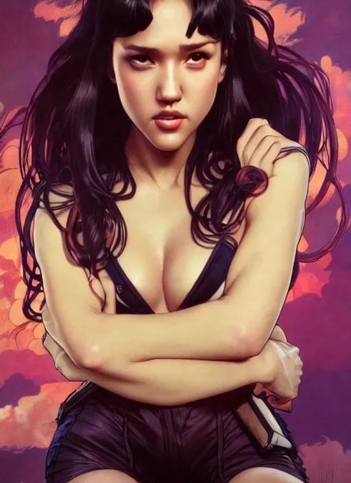 Image similar to intense fan art concept art by artgerm, tooth wu, bierstadt, gurney, stalenhag and alphonse mucha. an incredible collage of countless pin - ups of jessica alba as betty page in every form, contour light effect!! 8 k, stage light. octane render. smooth. sharp edge. ultra clear detailed, full body various poses!!