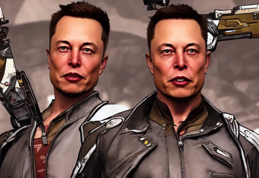 Image similar to elon musk in borderlands elon musk in the video game borderlands, gameplay screenshot, close up, 3 d rendering. unreal engine. amazing likeness. very detailed.