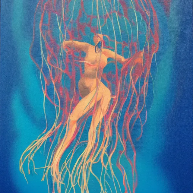 Image similar to jellyfish, tiny woman in a fish tank, surrealism, acrylic and spray paint and oilstick on canvas