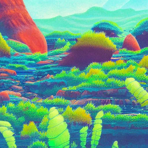 Prompt: detailed painting of a lush natural scene on an alien planet by tojiro oshita. beautiful landscape. weird colourful vegetation. cliffs and water.