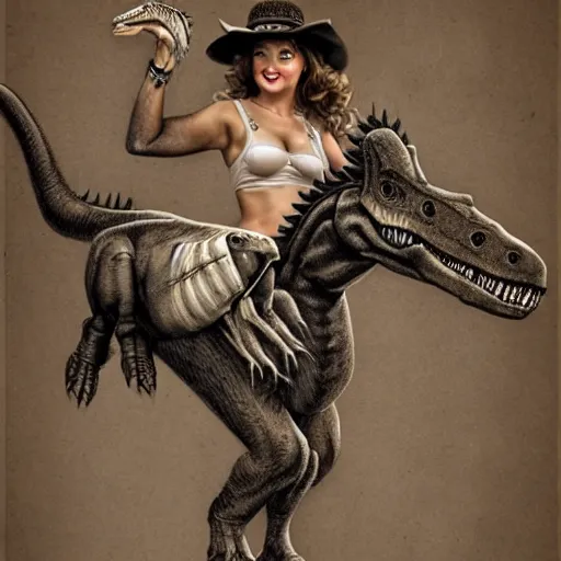 Image similar to a pencil sketch of a pinup girl wearing a cowboy hat riding a tyrannosaurus rex, adonna khare, fine detail, high resolution