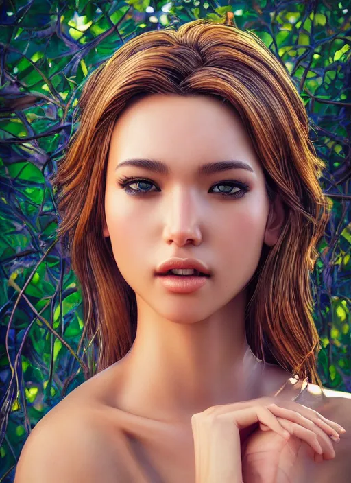 Image similar to photo of a gorgeous female in the style of stefan kostic, realistic, professionally, half body shot, sharp focus, 8 k high definition, insanely detailed, intricate, elegant, art by stanley lau and artgerm, bokeh foliage