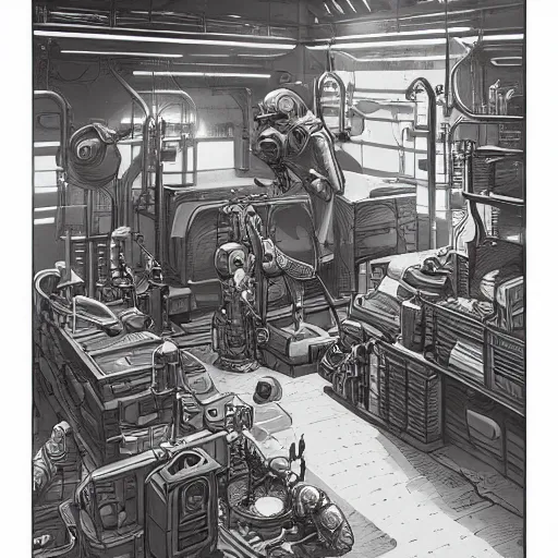 Image similar to space merchant in their shop, Industrial Scifi, detailed illustration, Chiaroscuro, character design, by Martin Grip and Moebius