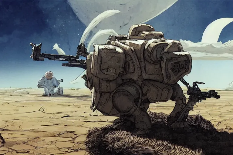 Image similar to rodent with white and black ancestral ornate japanese tactical gear on an abandonment desert planet, long shot, rule of thirds, golden ratio, graphic novel by fiona staples and dustin nguyen, by beaststars and orange, peter elson, alan bean, studio ghibli, makoto shinkai