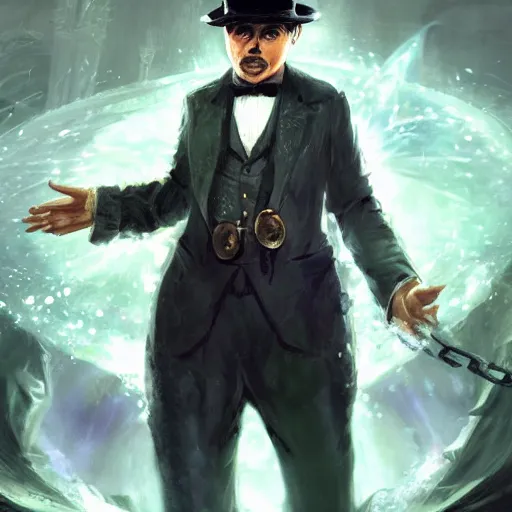 Image similar to portrait of charlie chaplin as a spellcaster, league of legends amazing splashscreen artwork, splash art, natural light, elegant, photorealistic facial features, intricate, fantasy, detailed face, atmospheric lighting, anamorphic lens flare, cinematic lighting, league of legends splash art, hd wallpaper, ultra high details by greg rutkowski