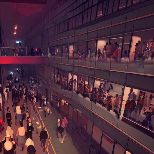 Image similar to people crowds stuck in a building interior, climbing stairs, artstation, neon lighting, unreal engine.