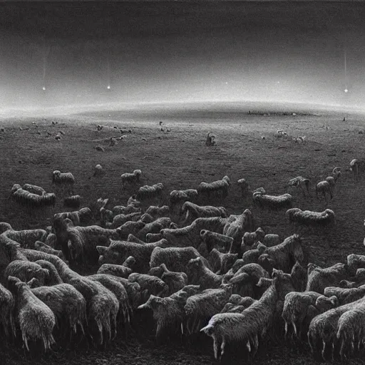 Prompt: dead sheeps in a farm nuclear winter by zdzisław beksinski