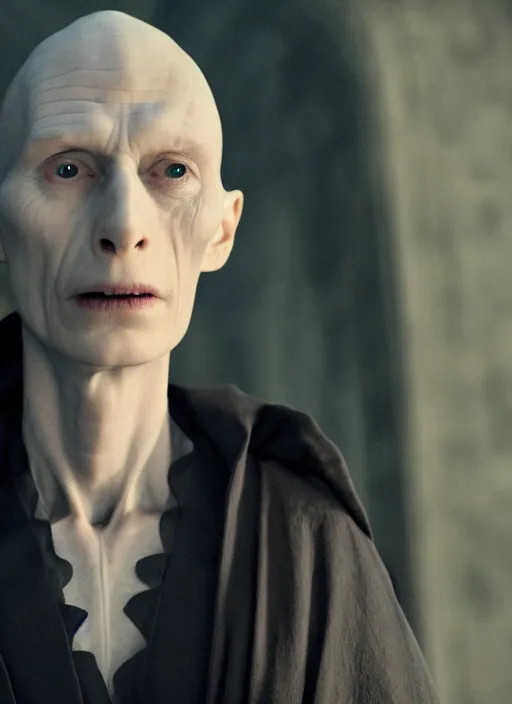 Image similar to film still of tilda swinton as voldemort in harry potter, 4 k, no nose