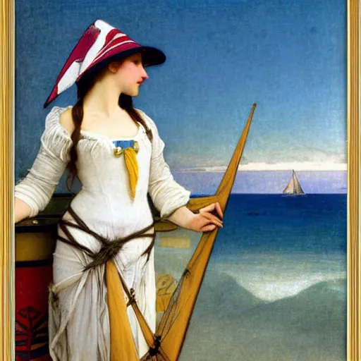 Image similar to A girl with jester hat and clothes on the front of a Balustrade with a beach and a sail boat on the background, major arcana cards, by paul delaroche, alphonse mucha and arnold böcklin arnold böcklin hyperrealistic 8k, very detailed