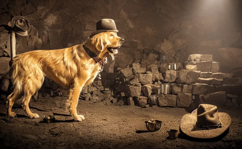 Prompt: a dirty golden retriever in a dark gray stone mine with large piles of gold nuggets and wearing a black western hat and jacket, dim moody lighting, wooden supports and wall torches, cinematic style photograph