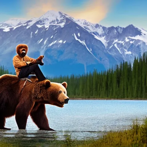 Prompt: bob ross riding on the back of a brown bear in alaska, outdoor, volumetric, hyperrealistic, shutterstock contest winner, national geographic photo, stockphoto, majestic