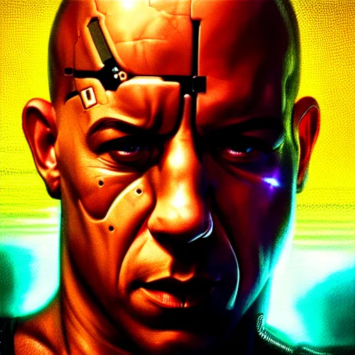 Prompt: portrait of vin diesel, cyborg, terminator 2 : judgment day, fantasy, rule of thirds, intricate, neon highlights, octane render, detailed, beautiful, unreal engine, symmetrical, artstation, art by karol bak, art by artgerm, rossdraws, cinematic, concept art, filmic, vsco