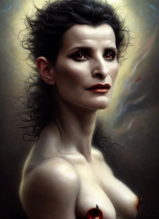 Prompt: julette binoche as an devil, aesthetic, fine art, intricate, elegant, highly detailed, realistic hair, centered, digital painting, art station, conceptual art, soft, sharp focus, illustration, artwork, artgerm, tomasz alen kopera, peter mohrbacher, donato giancola, wlop, boris vallejo