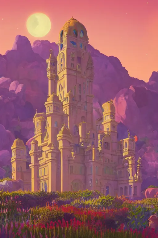 Image similar to distance view of the painted tower of the moon in its gardens fairytale illustration, tall windows, beautiful tilework, dramatic cinematic lighting, rich colors, golden age illustration, by Ludwig Deutsch and Nicholas Roerich and Sylvain Sarrailh and April Gornik ,unreal engine