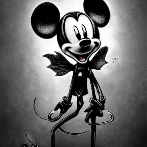 Image similar to michael karcz grunge drawing of mickey mouse. , in the style of corpse bride, loony toons style, horror themed, detailed, elegant, intricate, trending on artstation, 4k