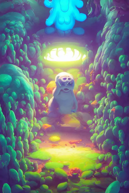 Image similar to smurf ghost creature animal sushi cristal very big eye roots cactus elemental flush of force nature micro world fluo fishscale, behance hd by jesper ejsing, by rhads, makoto shinkai and lois van baarle, ilya kuvshinov, rossdraws radiating a glowing aura global illumination ray tracing hdr