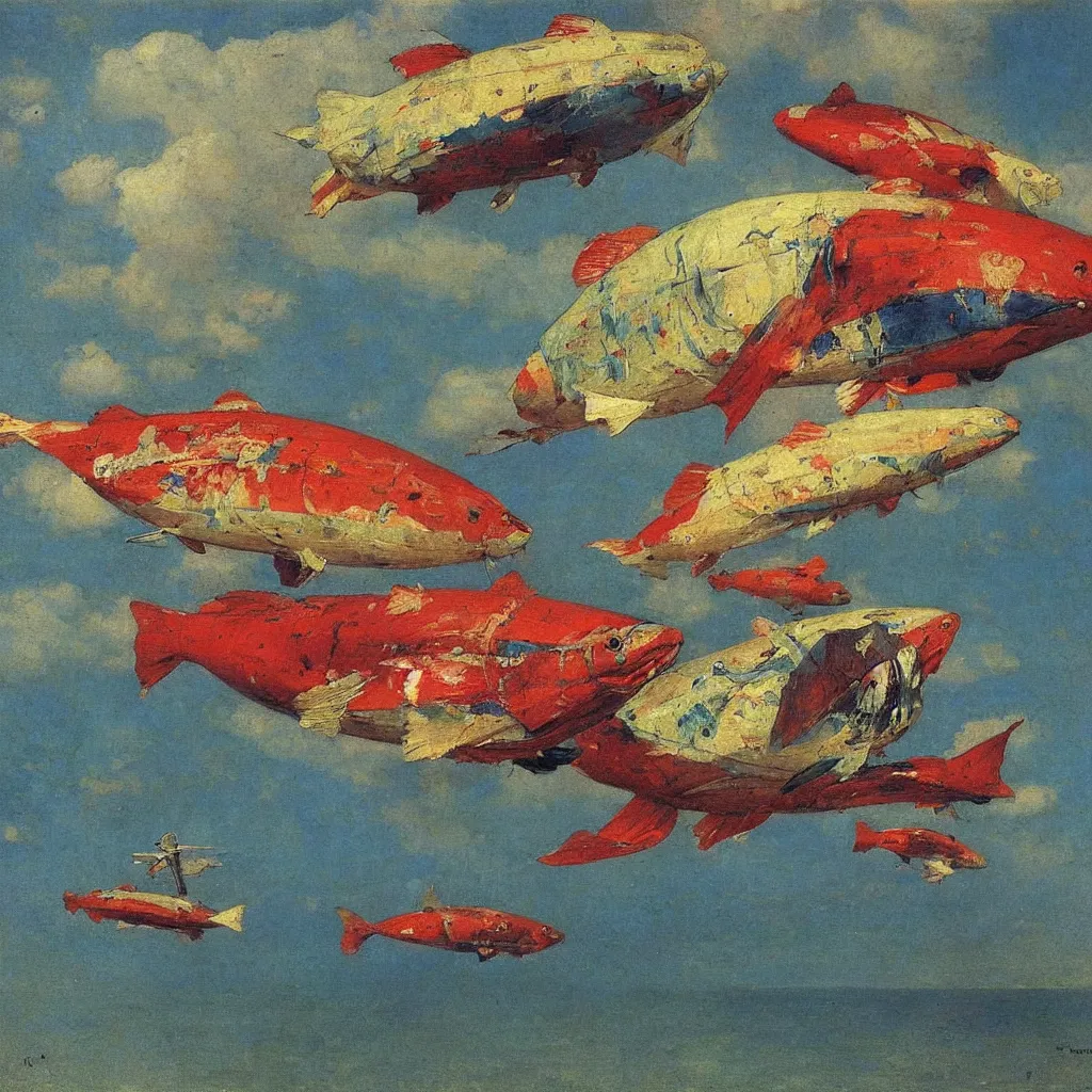 Prompt: two huge colorful flying zepplins shaped like fish, from below, 1905, colorful highly detailed oil on canvas, by Ilya Repin