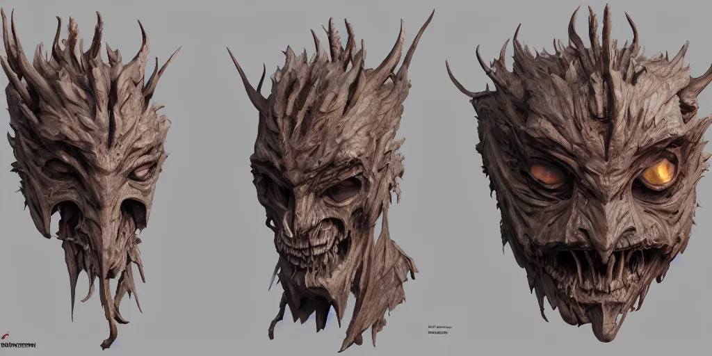 Image similar to lieutenant demon wooden mask design, character sheet, 3d render, Greg Rutkowski, Zabrocki, Karlkka, Jayison Devadas, Phuoc Quan, trending on Artstation, 8K, ultra wide angle, zenith view, pincushion lens effect