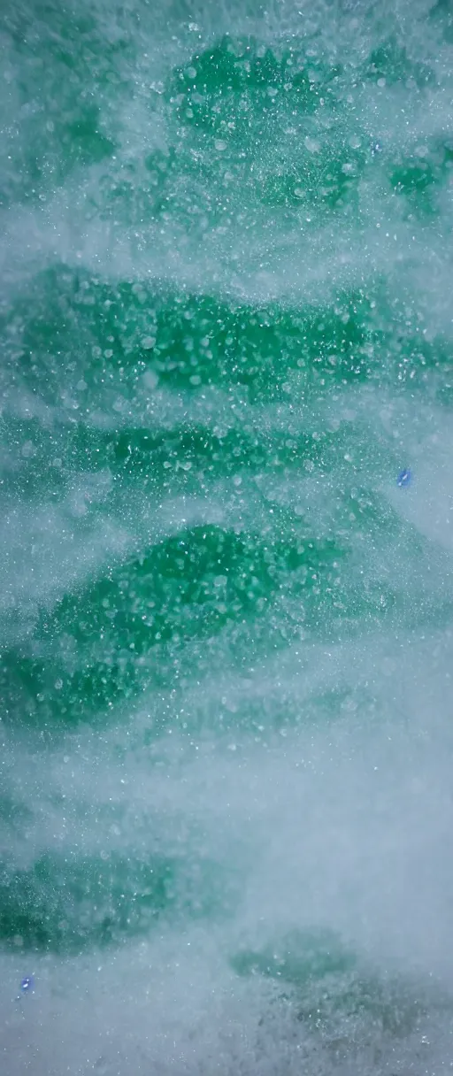 Image similar to 8k macro photograph of seafoam crashing on pure white sand, bubbles and mist