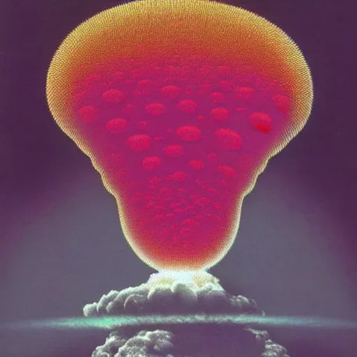 Image similar to an atomic explosion mushroom cloud that looks like a clown and is made of smaller clowns recursive fractal self similar