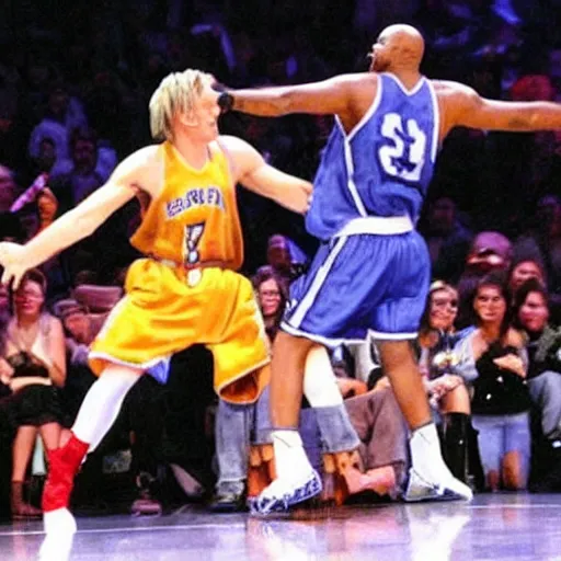 Prompt: the legendary hero aaron carter defeating shaq